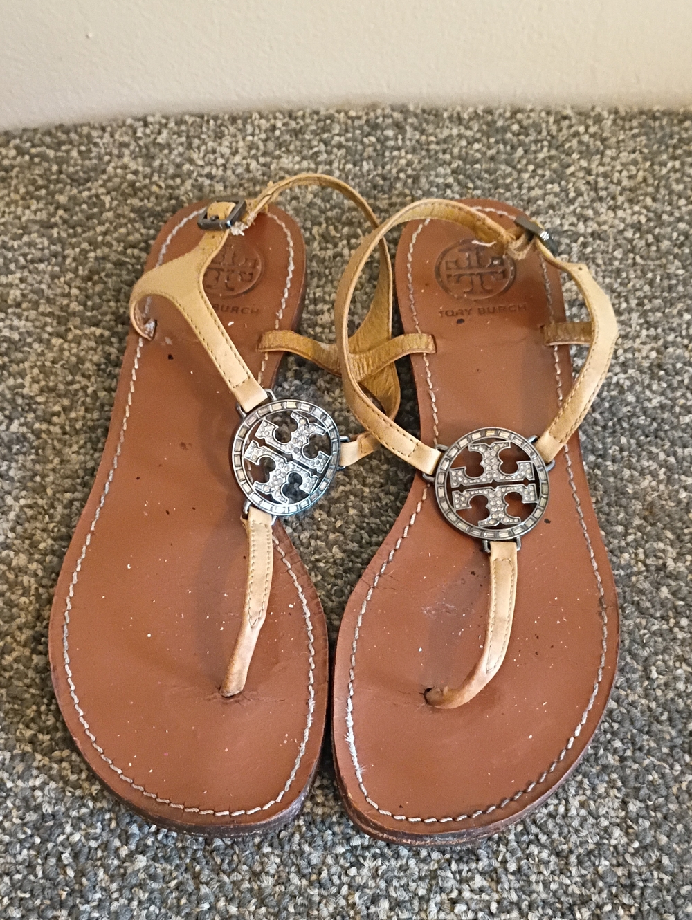 Tory Burch Leather Tan Miller Logo Thong Sandals with Silver Bling Medallions